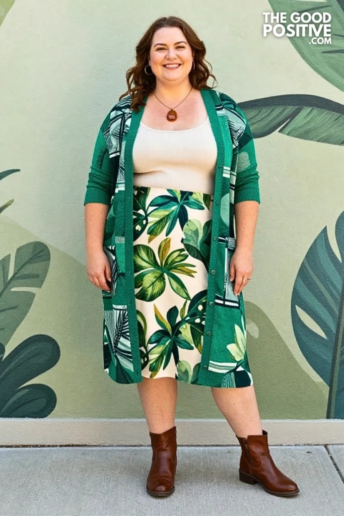 Emerald Patchwork Cardigan With Art Print Skirt