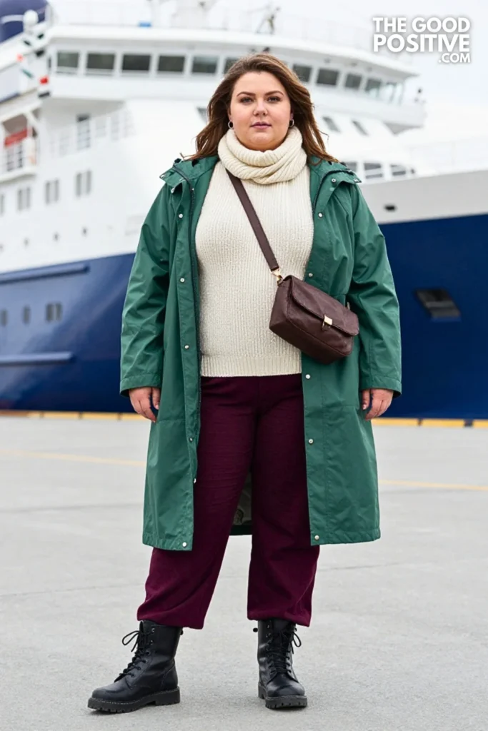 Emerald Raincoat, Cream Sweater & Plum Trousers
