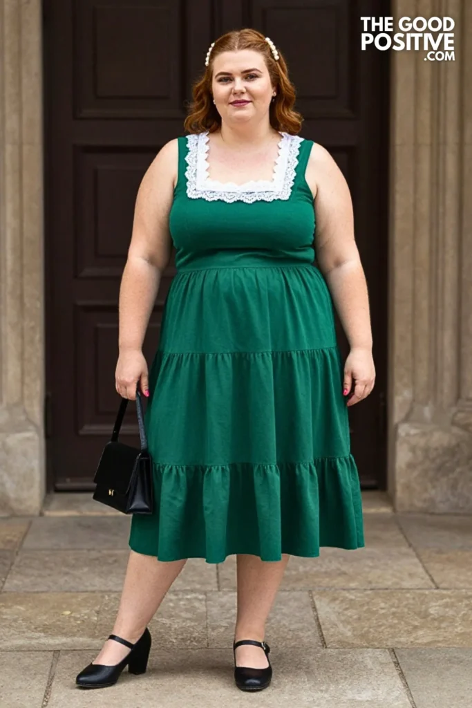 Emerald Tiered Skirt With Lace-Collar Blouse