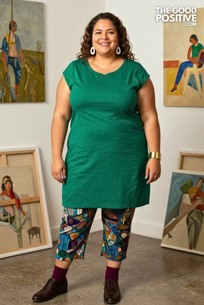 Emerald Tunic With Painterly Palazzo Pants