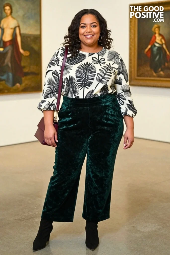 Emerald Velvet Trousers With Graphic Ivory Blouse