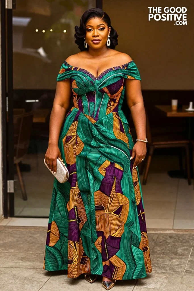 Emerald and Plum Ankara Off-Shoulder Gown