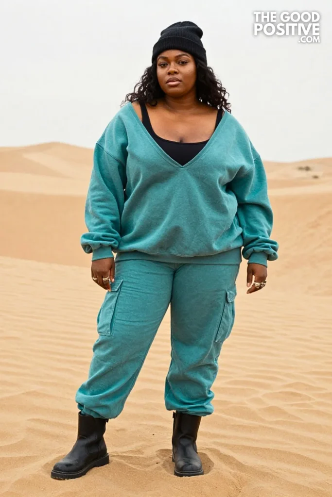 Faded Teal Cargo Pants, Graphic Sweatshirt, and Lug Boots