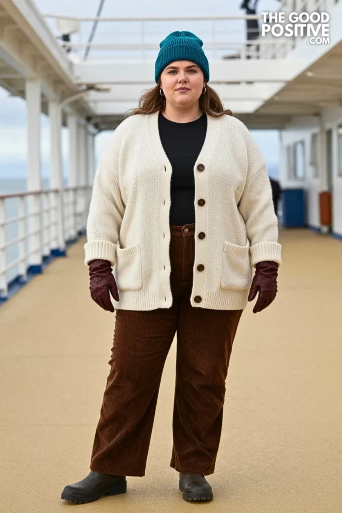 Fair Isle Cardigan, Corduroy Pants, And Teal Beanie