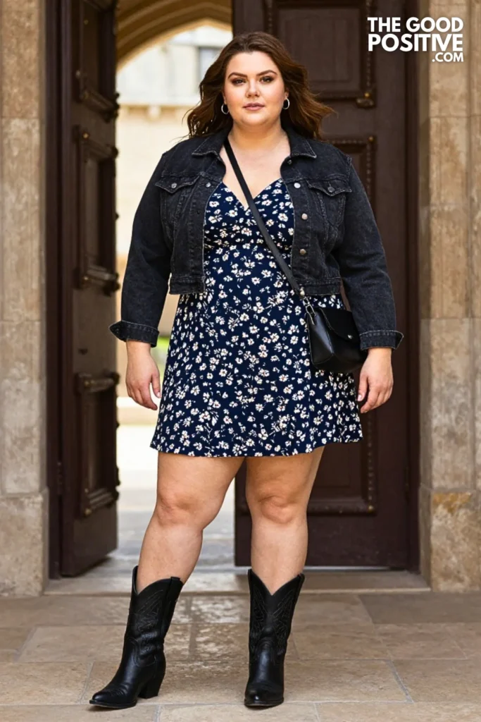 Floral Midi Dress With Black Western Ankle Boots