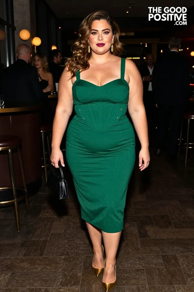 Forest Green Corset-Detail Midi Dress With Gold Heels