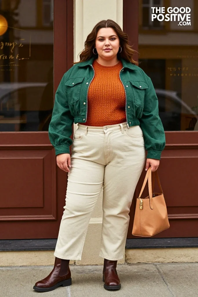 Forest Green Jacket, Orange Knit, and Cream Jeans
