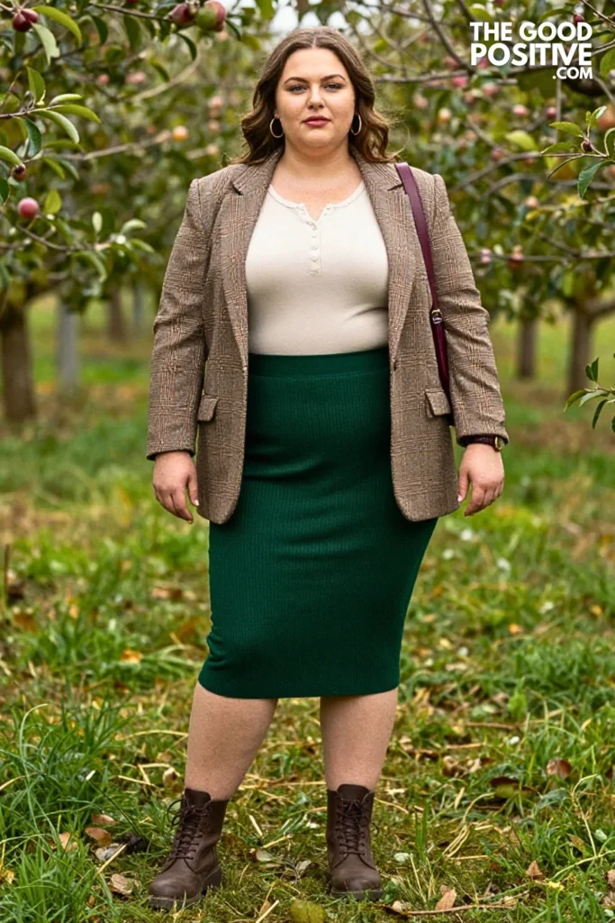 Forest Green Knit Skirt, Cream Henley & Plaid Blazer