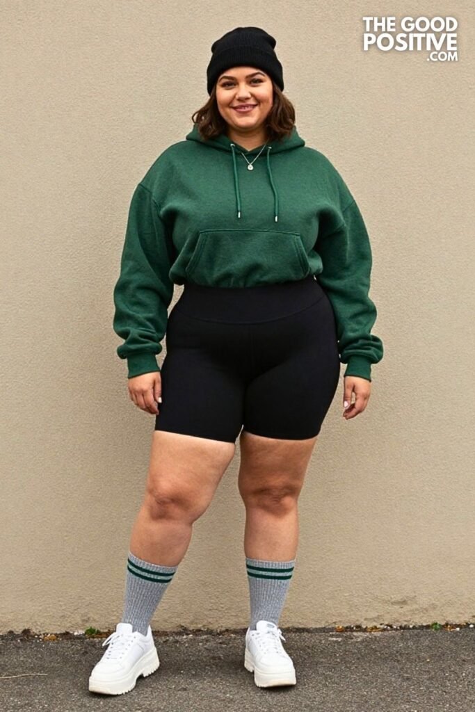 Forest Green Oversized Hoodie With Black Biker Shorts And Knee-High Socks