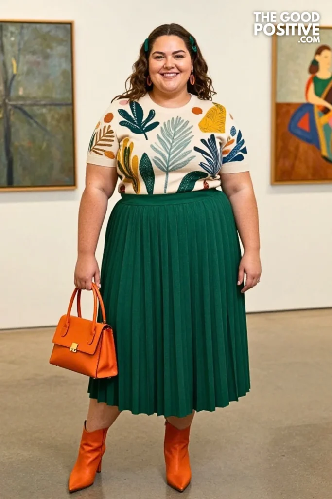 Forest Green Pleated Skirt, Printed Knit & Orange Accessories