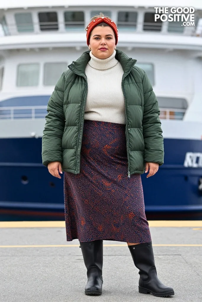 Forest Green Puffer, Printed Midi Skirt, And Thermal Tights
