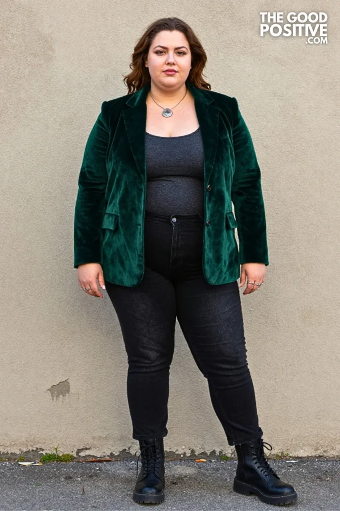 Forest Green Velvet Blazer, Black Jeans, and Combat Boots