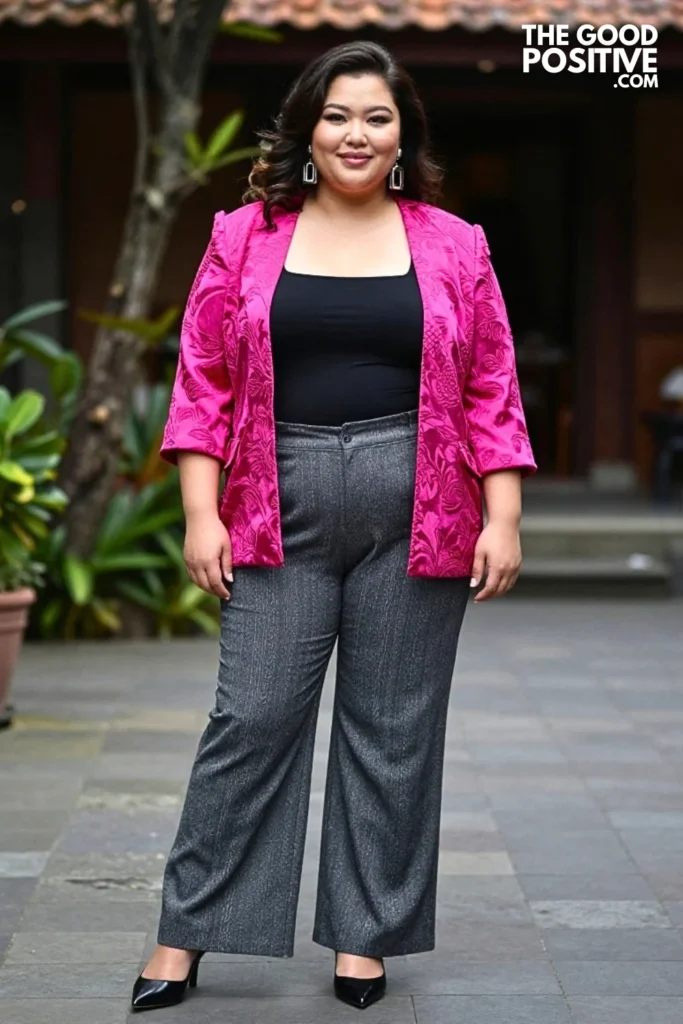 Fuchsia Brocade Jacket With Charcoal Tailored Trousers