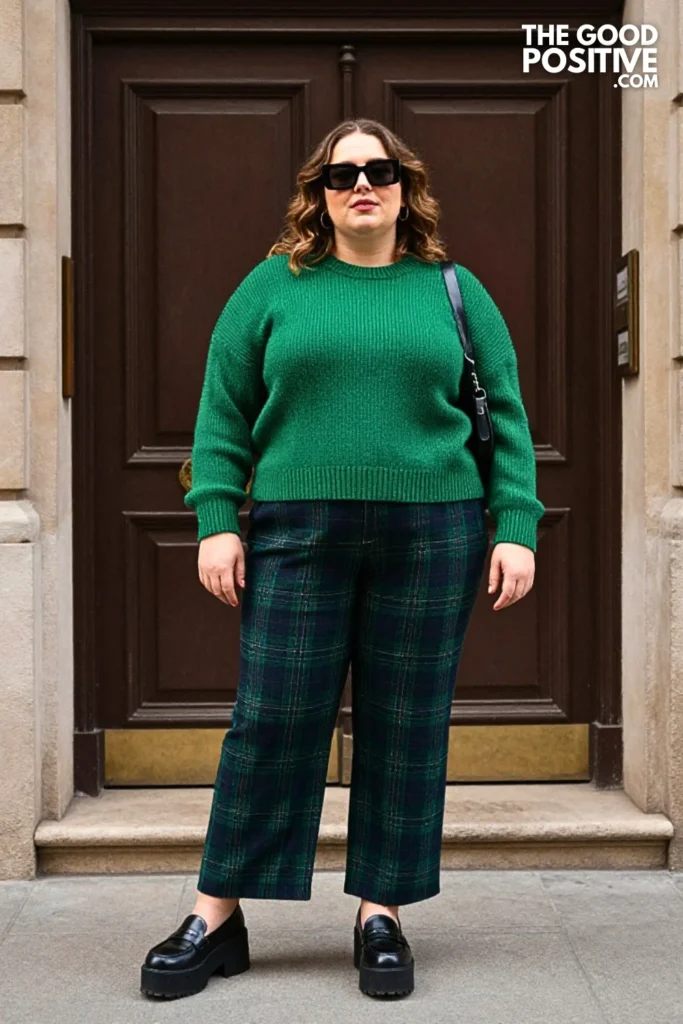 Fuchsia Knit, Green Plaid Pants, and Platform Loafers