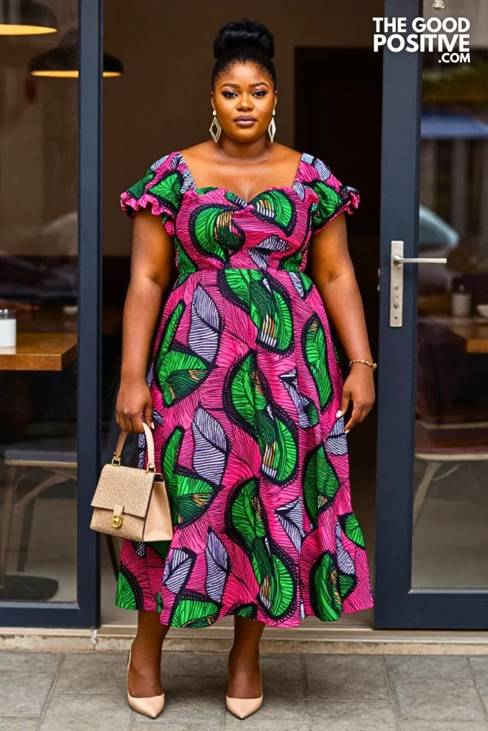 Fuchsia and Green Ankara Bubble-Hem Midi Dress
