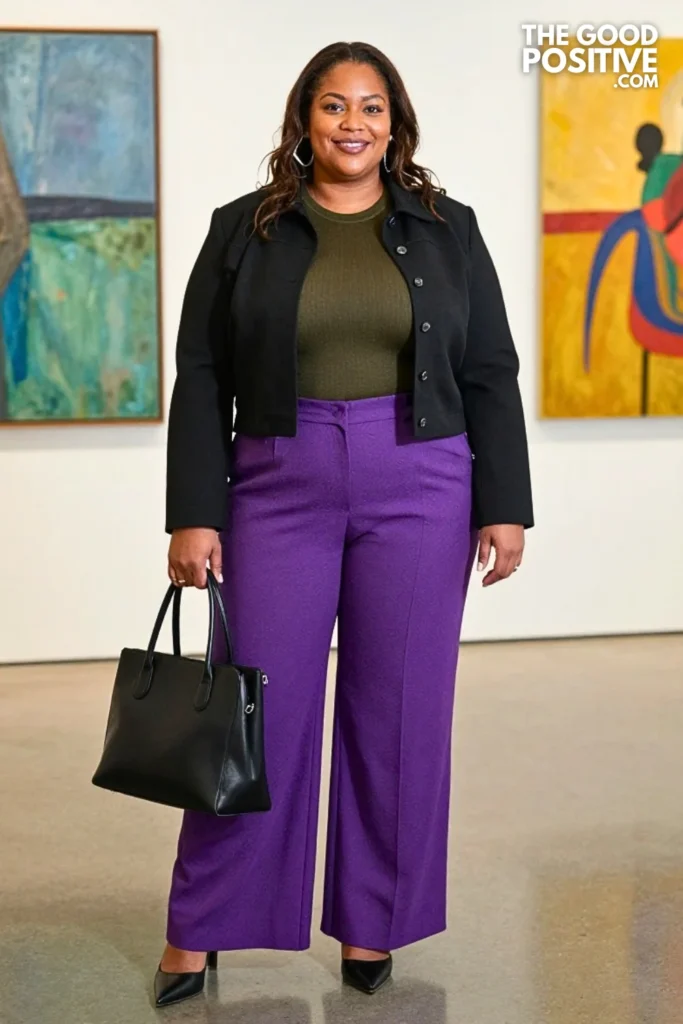 Graphic Purple Trousers, Chartreuse Top & Black Jacket