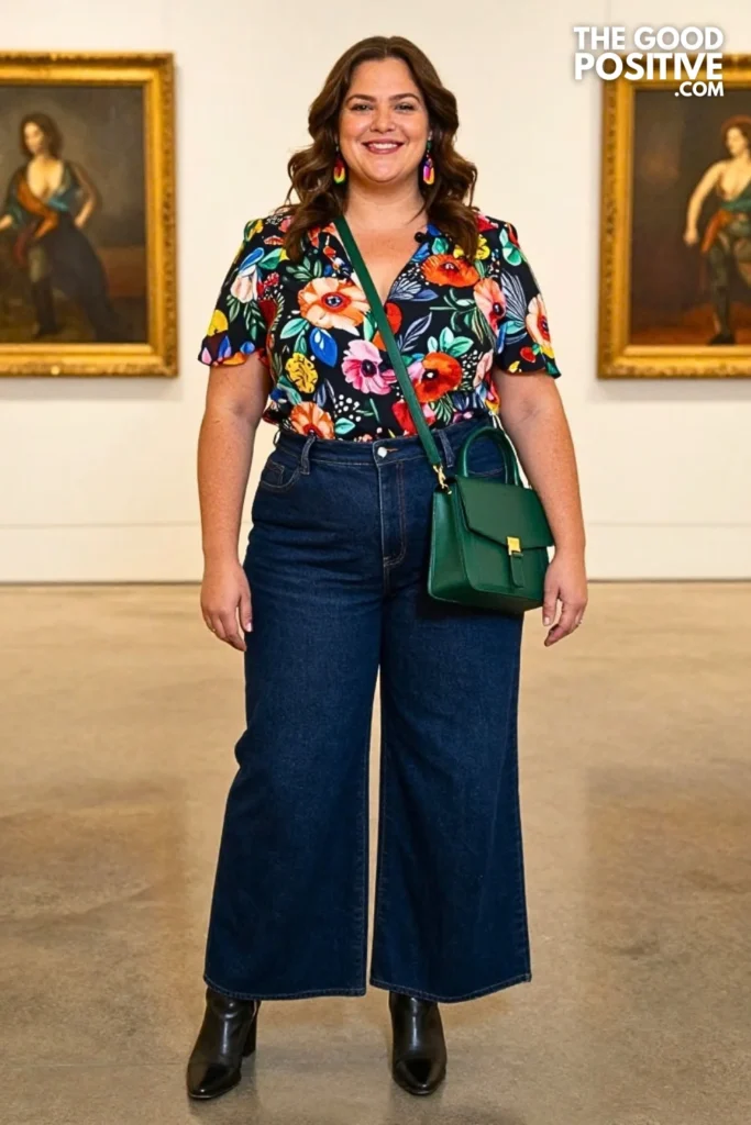 Hand-Painted Floral Blouse With Wide-Leg Denim