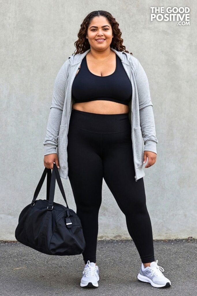 Heather Gray Longline Zip Jacket Over Black Sports Bra And Leggings