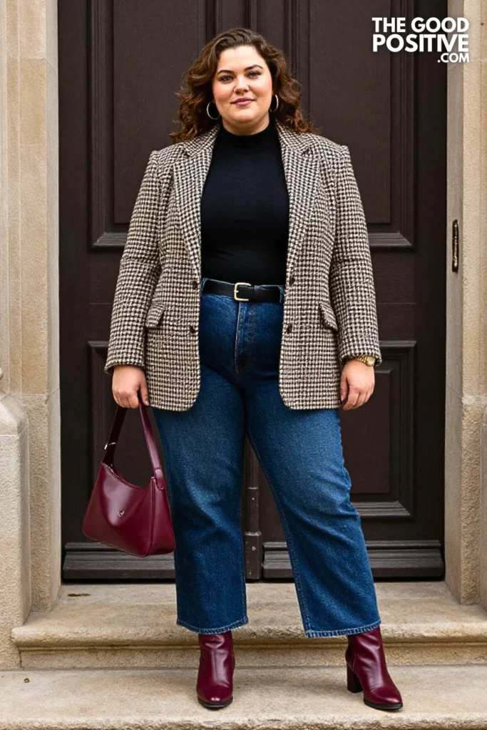 Houndstooth Blazer With Dark Jeans And Burgundy Boots