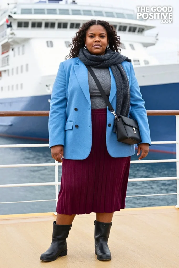 Ice-Blue Blazer, Charcoal Tee & Berry Skirt