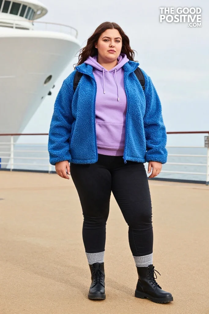 Ice-Blue Fleece Jacket, Lavender Hoodie, And Black Jeans