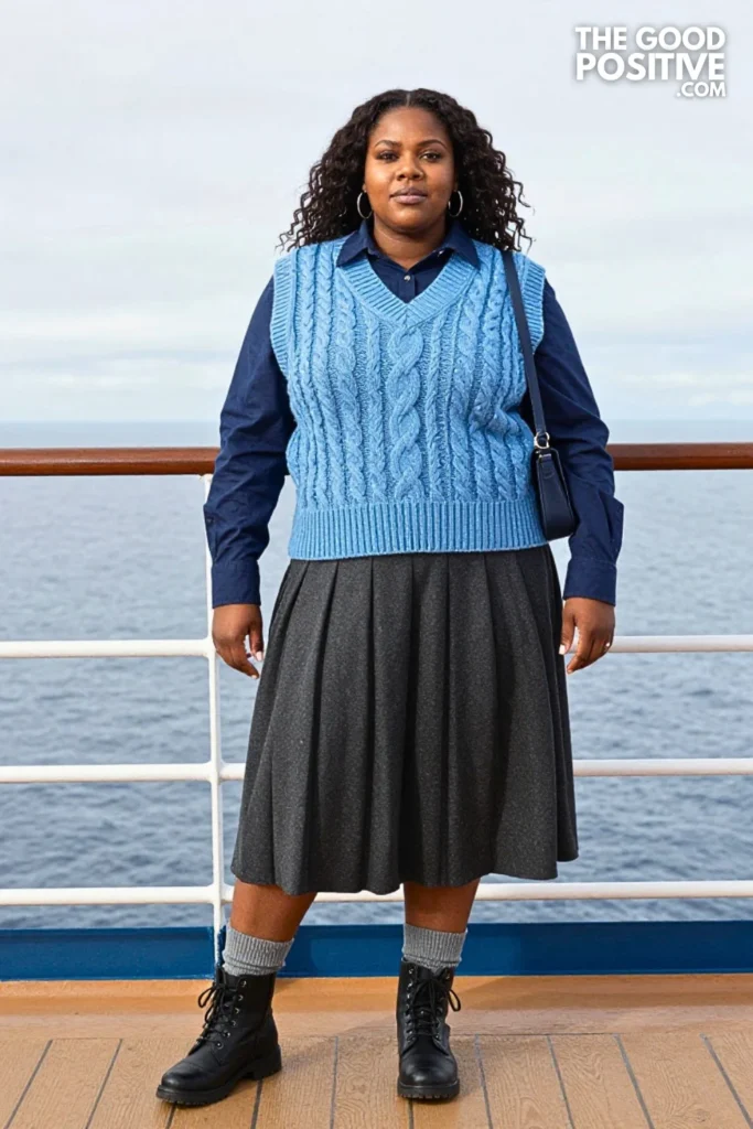 Ice-Blue Sweater Vest, Navy Shirt & Gray Skirt