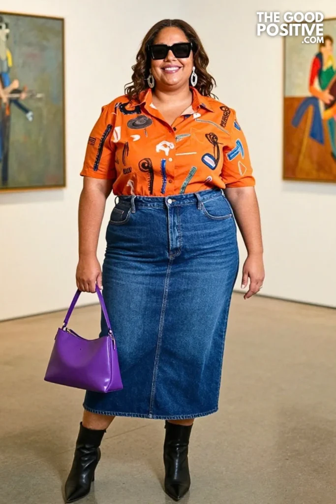Indigo Denim Midi, Artistic Orange Shirt & Purple Bag