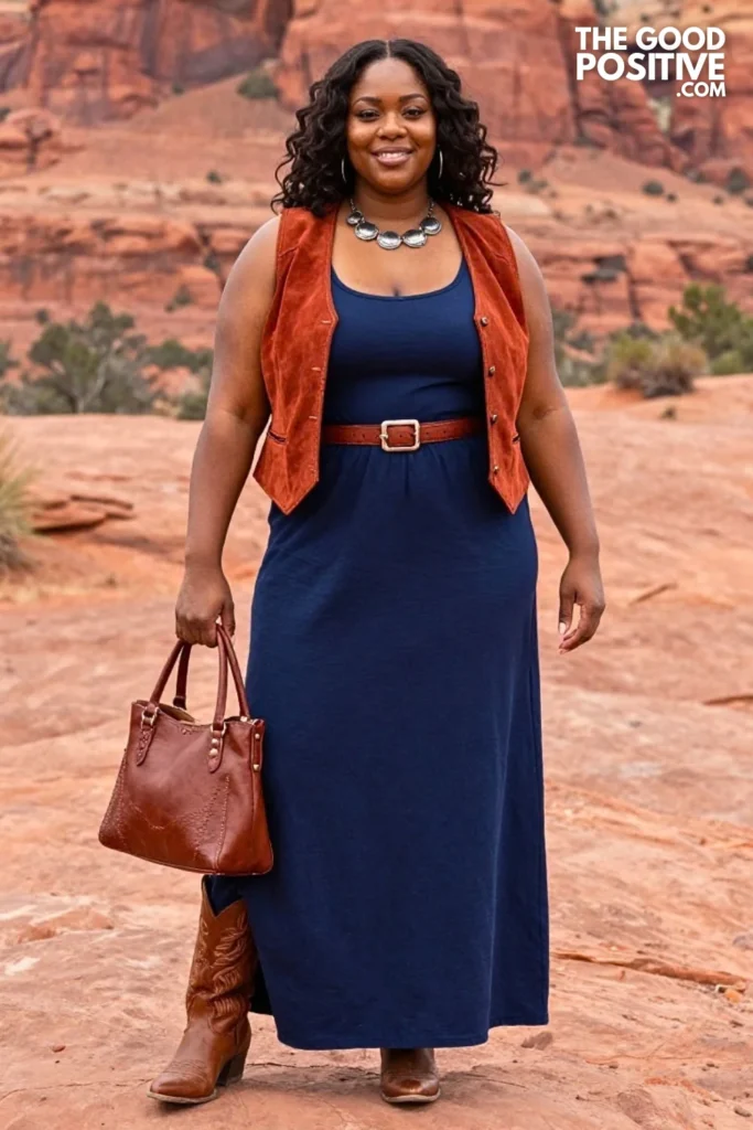 Indigo Maxi Dress With Rust Western Vest