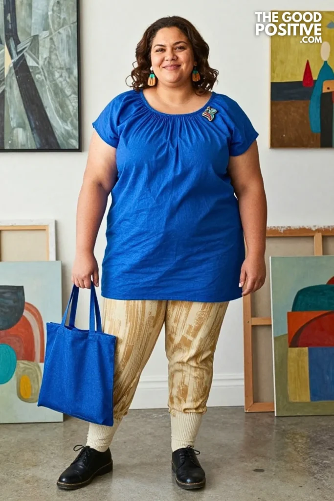 Indigo Smock Top With Ochre Painterly Trousers