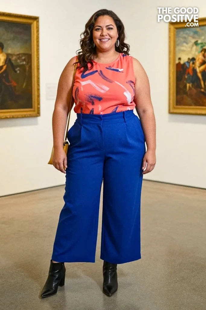 Ink-Blue Palazzo Pants With Painted Coral Tunic