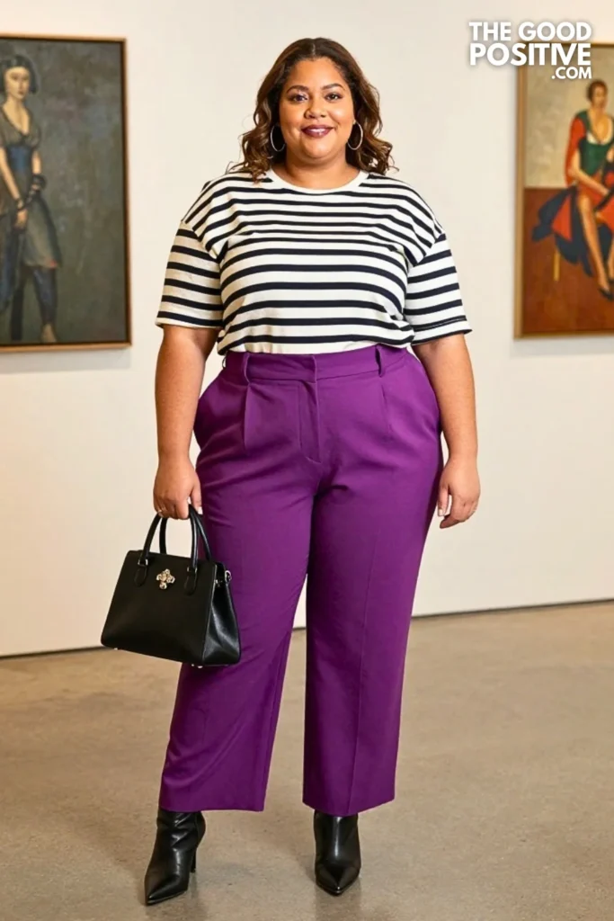 Ink-and-Cream Striped Shirt, Magenta Trousers & Brooch