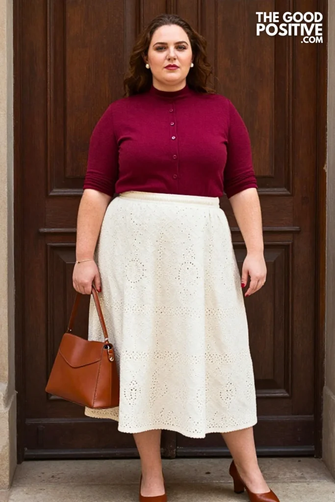 Ivory Eyelet Skirt With Cranberry Cardigan