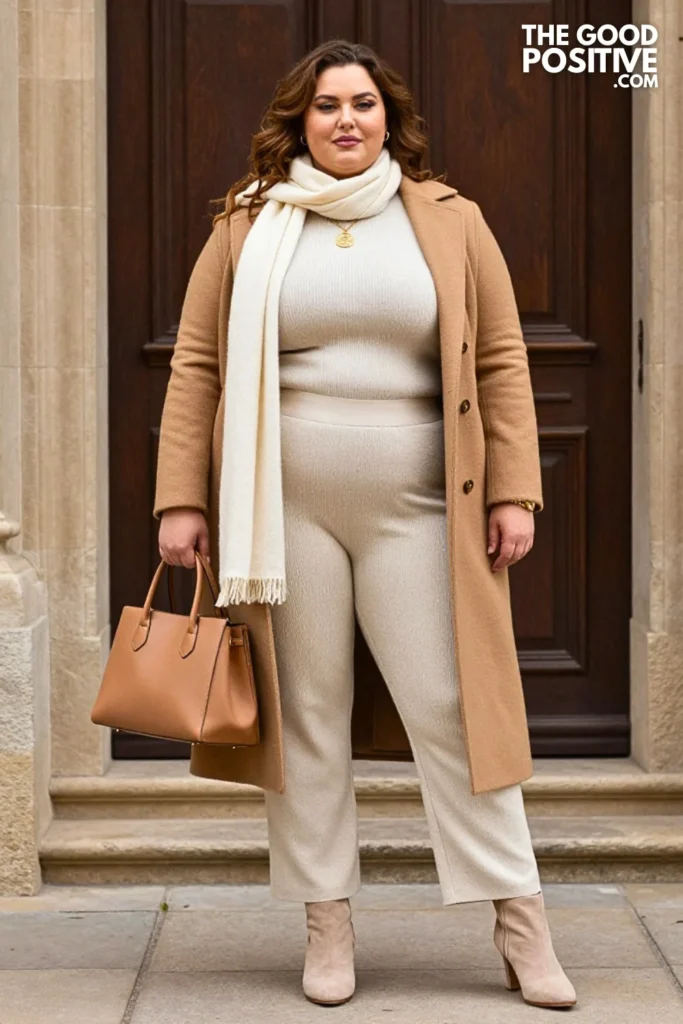 Ivory Knit Set With Beige Ankle Boots And Camel Coat