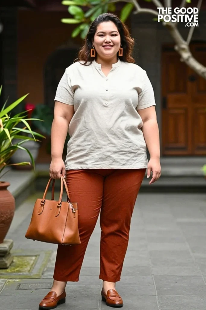 Ivory Mandarin-Collar Shirt With Terracotta Tapered Pants