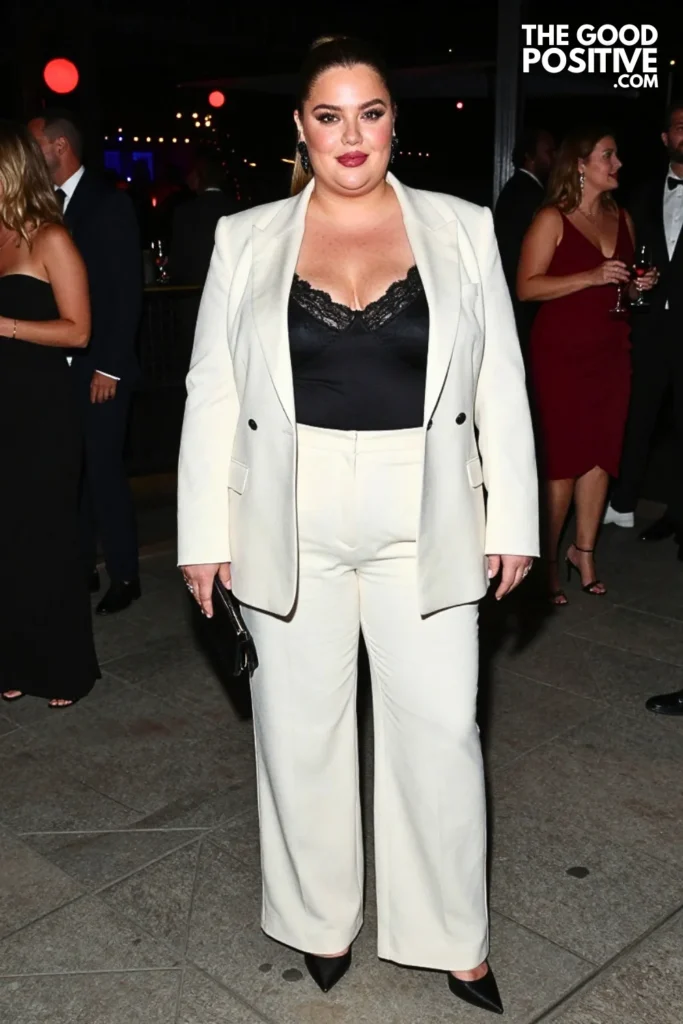 Ivory Tuxedo Jacket With Wide Leg Pants