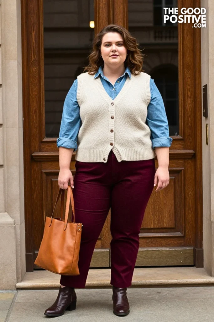 Ivory Vest, Denim Shirt, and Burgundy Trousers
