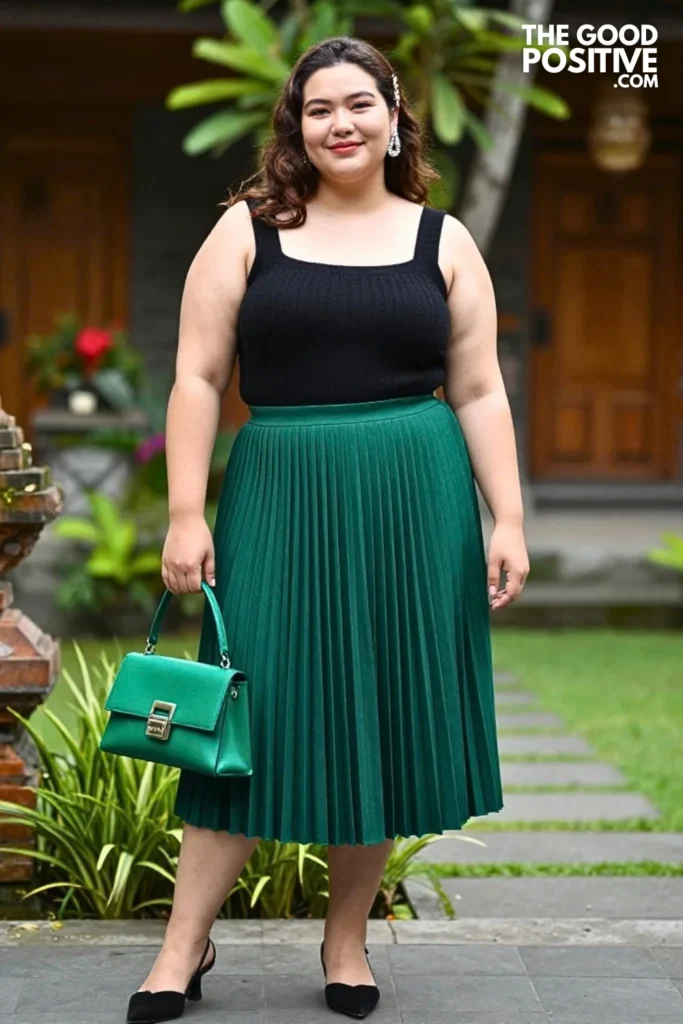 Jade Pleated Skirt With Black Korean-Inspired Knit