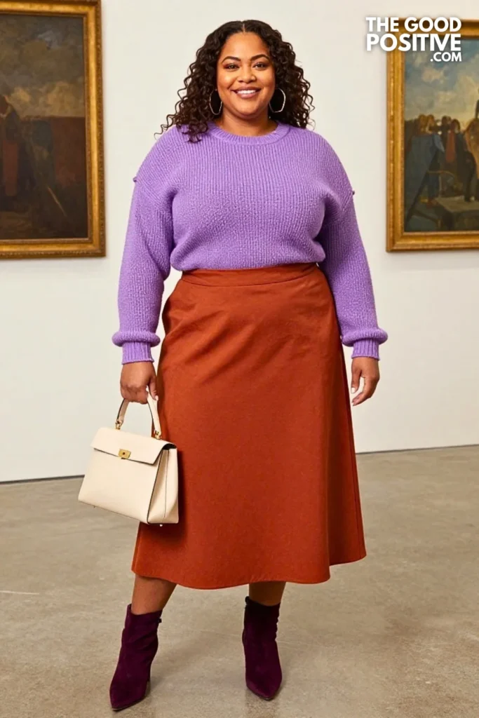 Lavender Graphic Knit With Rust A-Line Midi Skirt