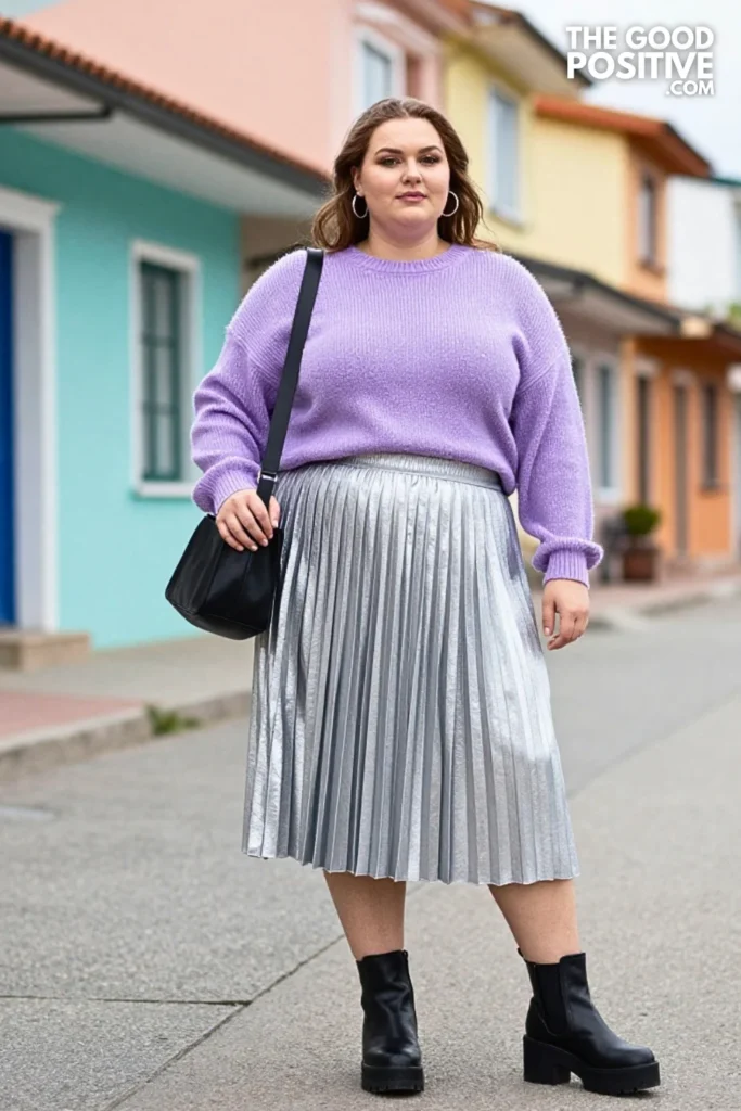Lavender Knit, Silver Skirt, and Platform Boots