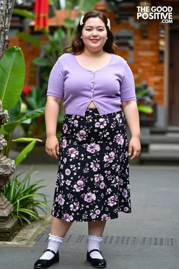 Lavender Korean Cardigan With Floral Midi Skirt