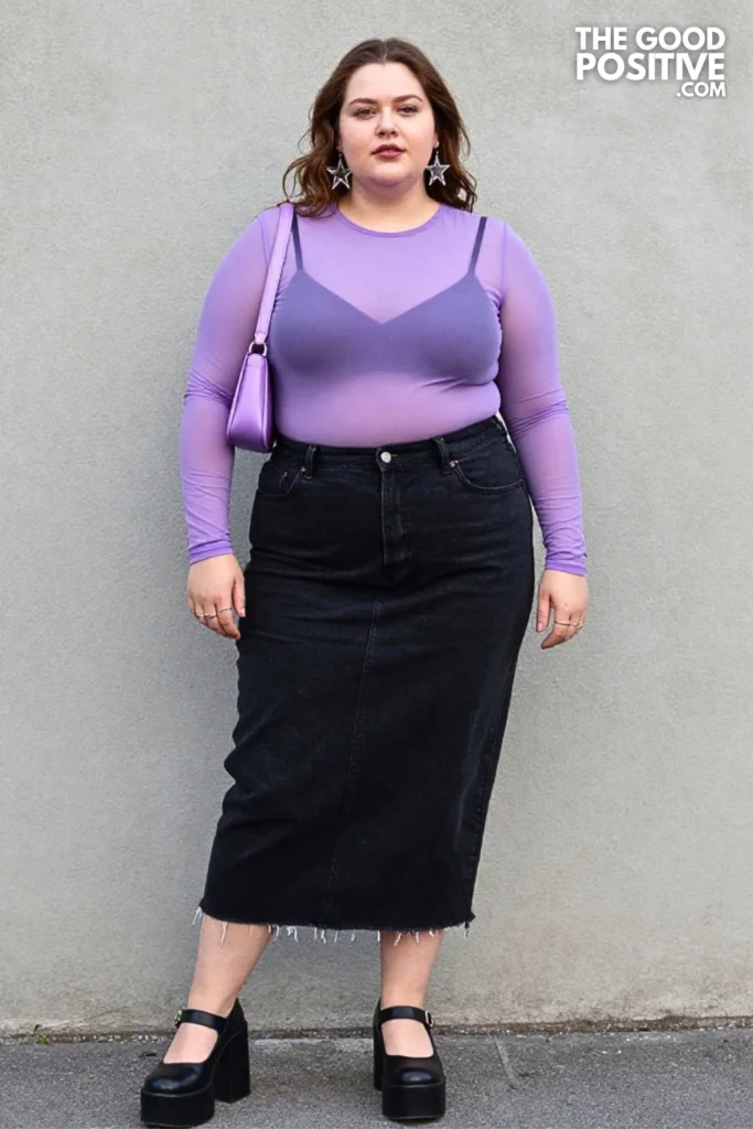 Lavender Mesh Top, Black Denim Skirt, and Platform Mary Janes