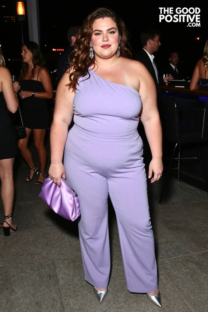 Lavender One-Shoulder Jumpsuit With Metallic Accents