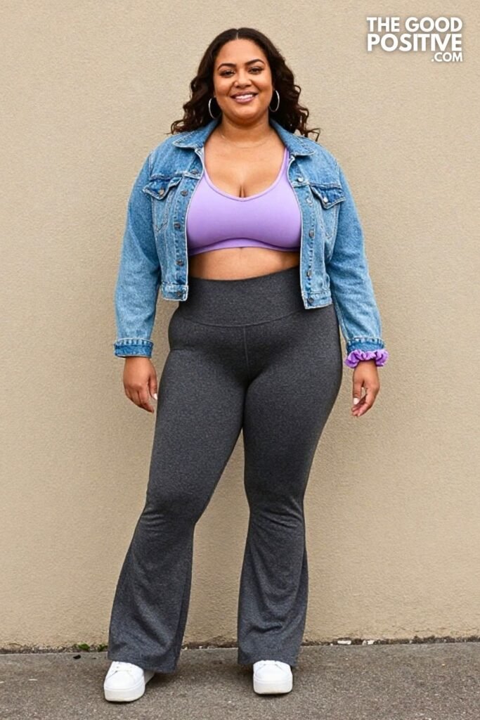 Lavender Sports Bra With Flare Leggings And Cropped Denim Jacket