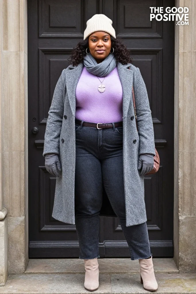Lavender Sweater With Charcoal Jeans And Beige Boots