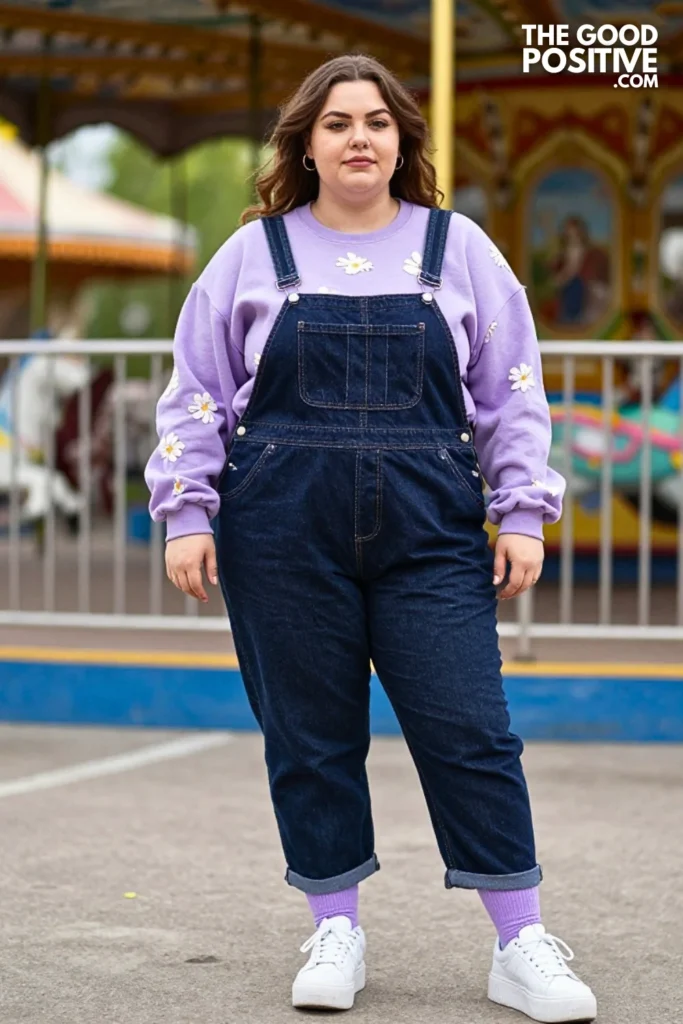Lavender Sweatshirt, Denim Overalls, And Platform Sneakers