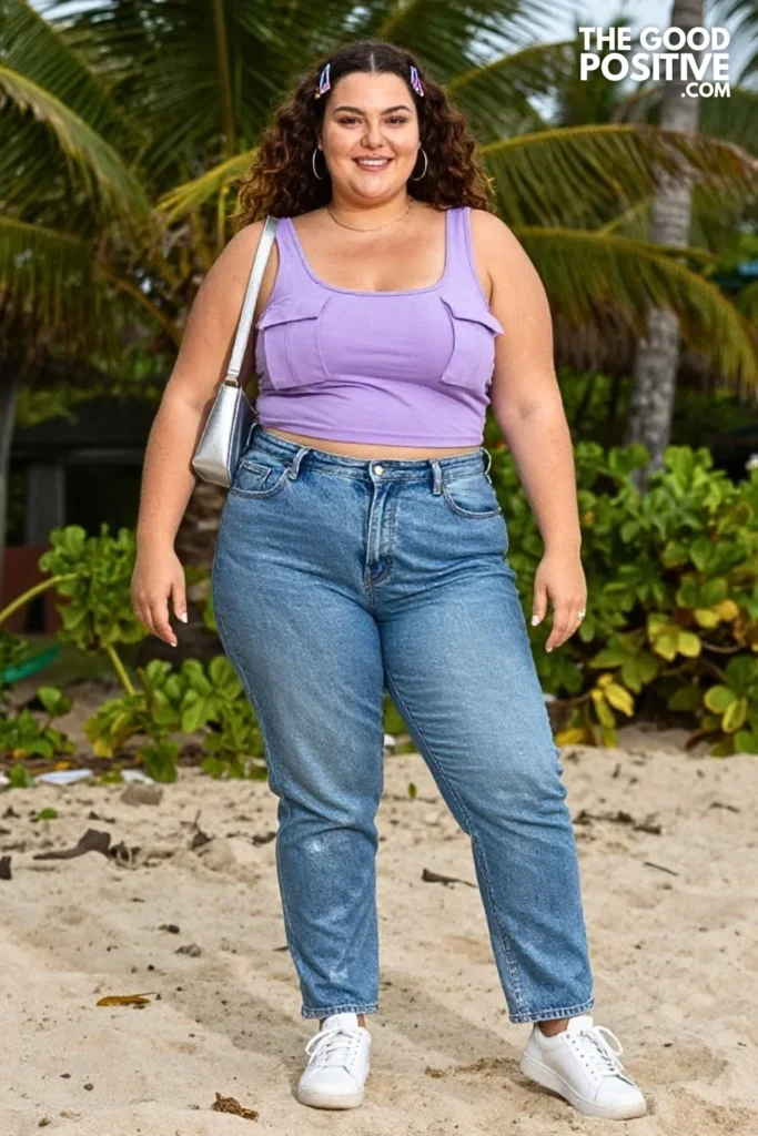 Lavender Utility Tank With Metallic Blue Jeans