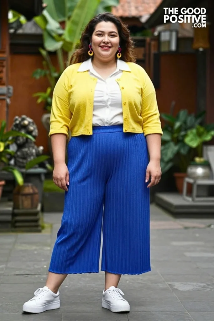 Lemon Cardigan With Cobalt Pleated Trousers