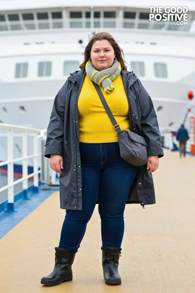 Lemon Sweater, Charcoal Rain Cape & Indigo Denim