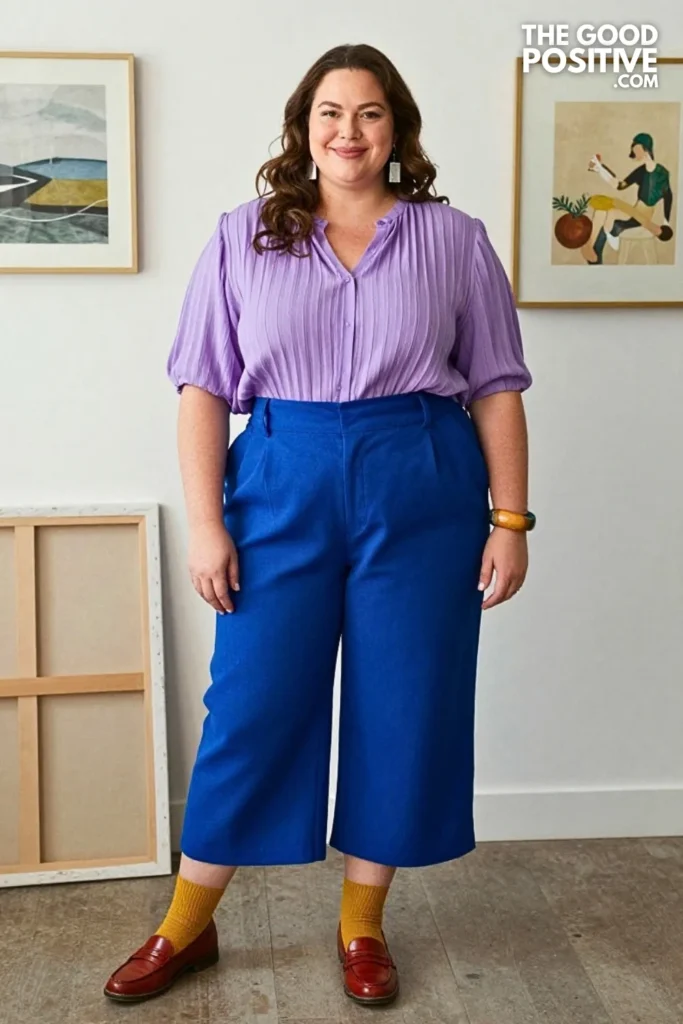 Lilac Blouse With Ink-Brush Culottes