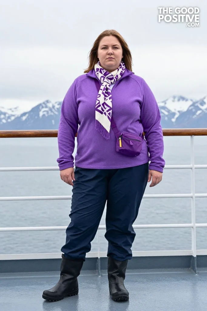 Lilac Fleece, Navy Rain Pants & Graphic Scarf